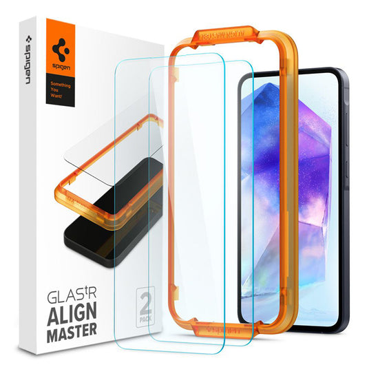 Spigen Alm Glas.TR 2-Pack – Apsauginis stiklas, skirtas Samsung Galaxy A55 5G (skaidrus)