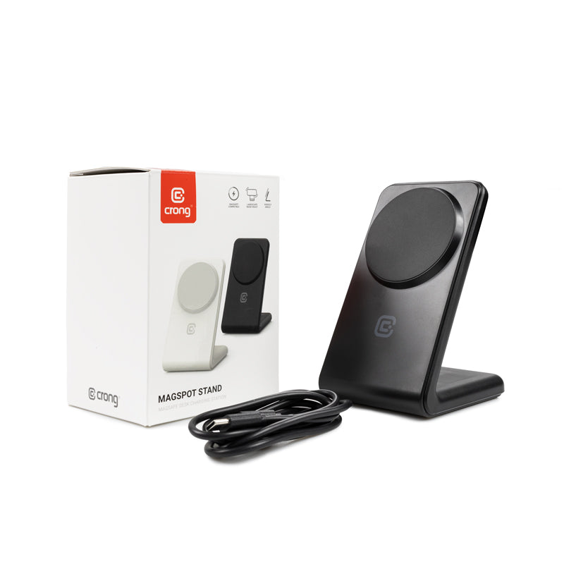 Crong MagSpot stovas – 2-in-1 belaidis įkroviklis su MagSafe, skirtas iPhone ir AirPods (šešėlinė juoda)