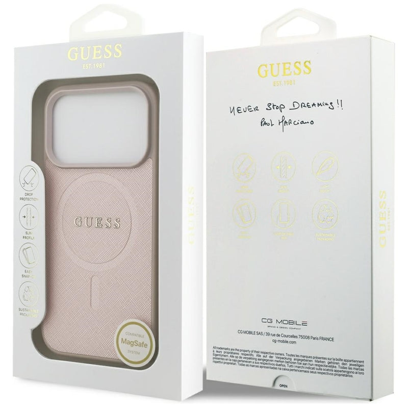 Guess Saffiano Klasikinis Logotipas MagSafe Dėklas iPhone 17 Pro (rožinis)