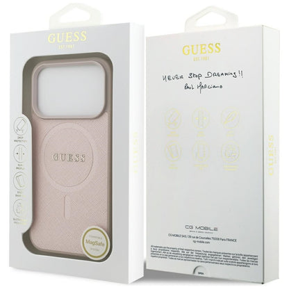 Guess Saffiano Klasikinis Logotipas MagSafe Dėklas iPhone 17 Pro (rožinis)