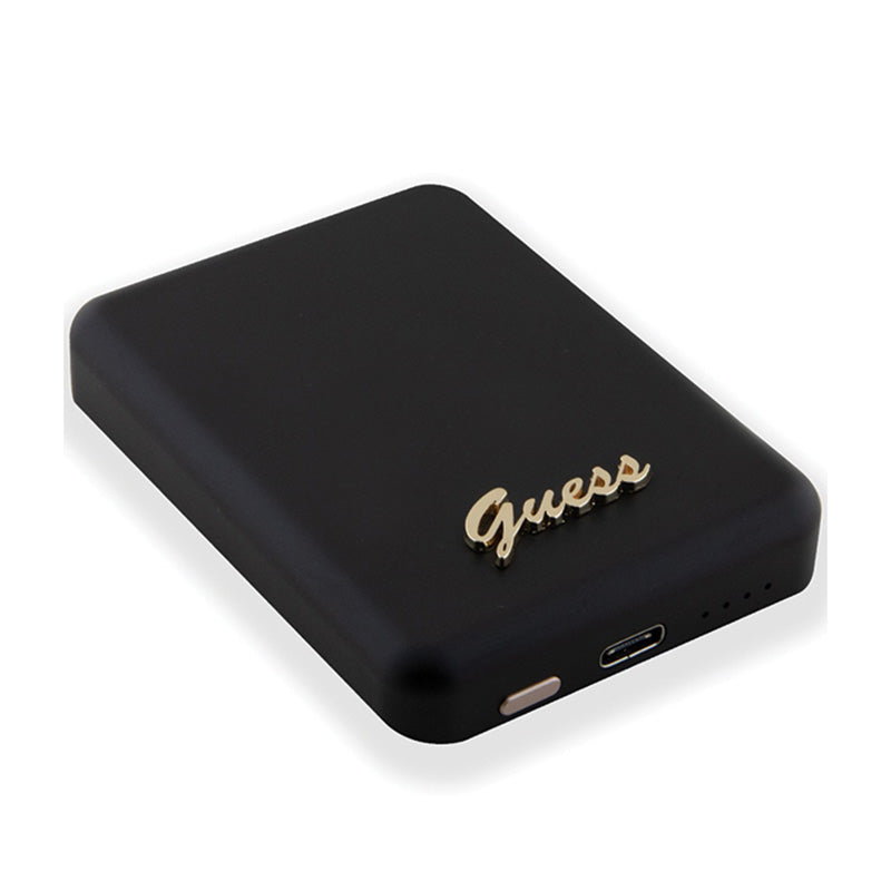 Guess Metal Script Logo MagSafe - indukcinis maitinimo blokas 5000 mAh 15W MagSafe (juodas)