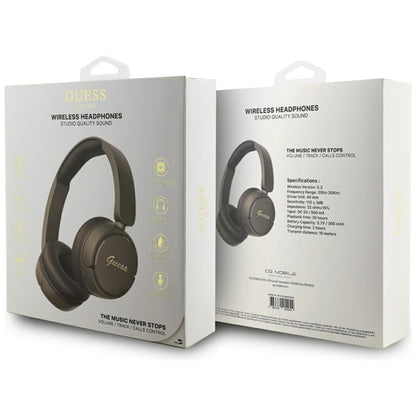 Guess Metal Logo Script – Belaidės ant ausų dedamos ausinės Bluetooth V5.3 (rudos)