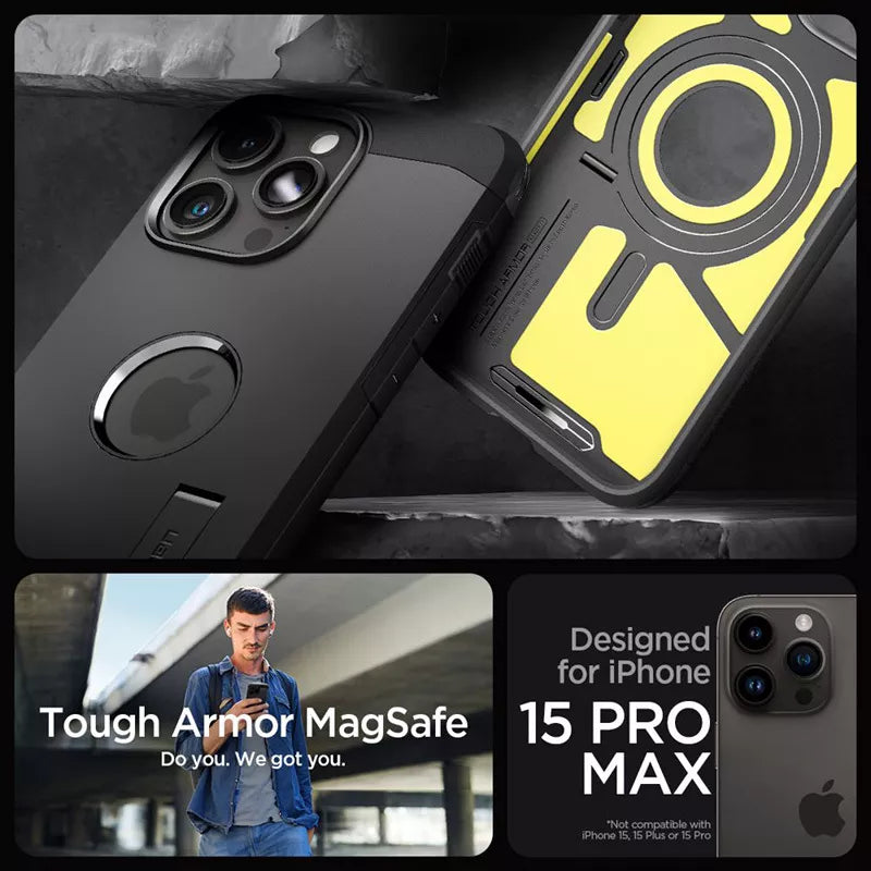 Spigen Tough Armor Mag MagSafe – Dėklas iPhone 15 Pro Max (Juodas)