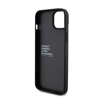 BMW od odos, karbono, su mėlyna linija – dėklas iPhone 15 Plus (juodas)