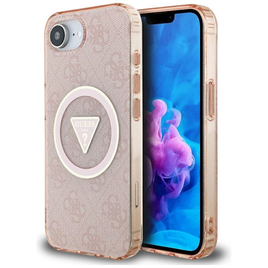 Guess IML metalo blizgučiai 4G apskritimas trikampis MagSafe - Dėklas iPhone 16e (rožinis)
