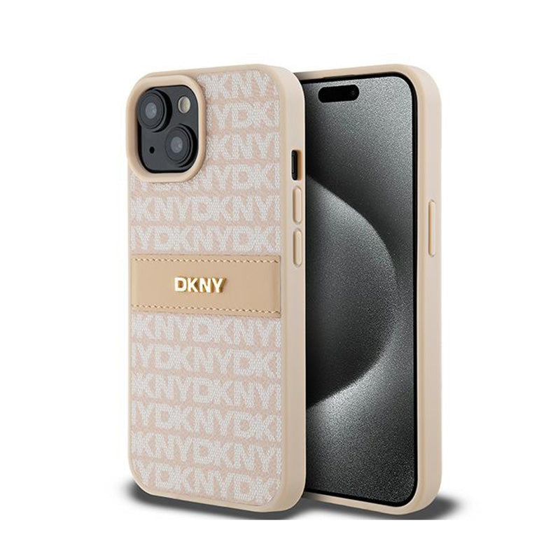 DKNY odinis dėklas „Mono Stripe & Metal Logo“, skirtas „iPhone 15 / 14 / 13“ (rožinis)