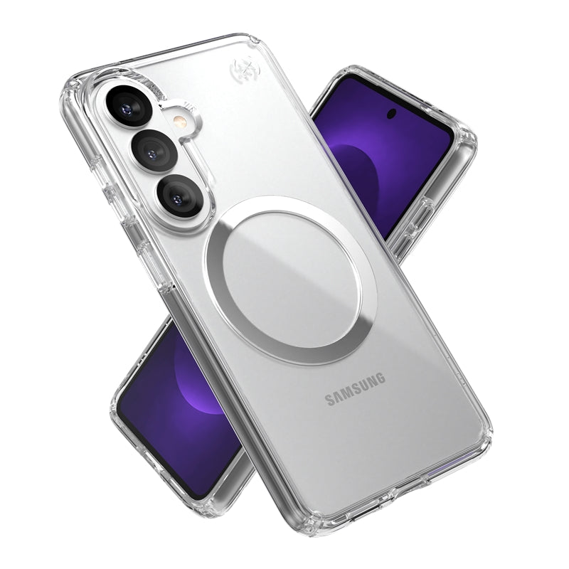 Speck Presidio Perfect-Clear Magnet – Samsung Galaxy S26 dėklas su MagSafe (Skaidrus/Skaidrus/Sidabrinis)