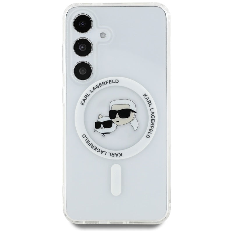 Karl Lagerfeld Button Karl & Choupette galvučių atspausdintas logotipas MagSafe – dėklas, skirtas „Samsung Galaxy S25“ (baltas)