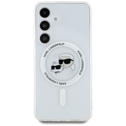 Karl Lagerfeld Button Karl & Choupette galvučių atspausdintas logotipas MagSafe – dėklas, skirtas „Samsung Galaxy S25“ (baltas)