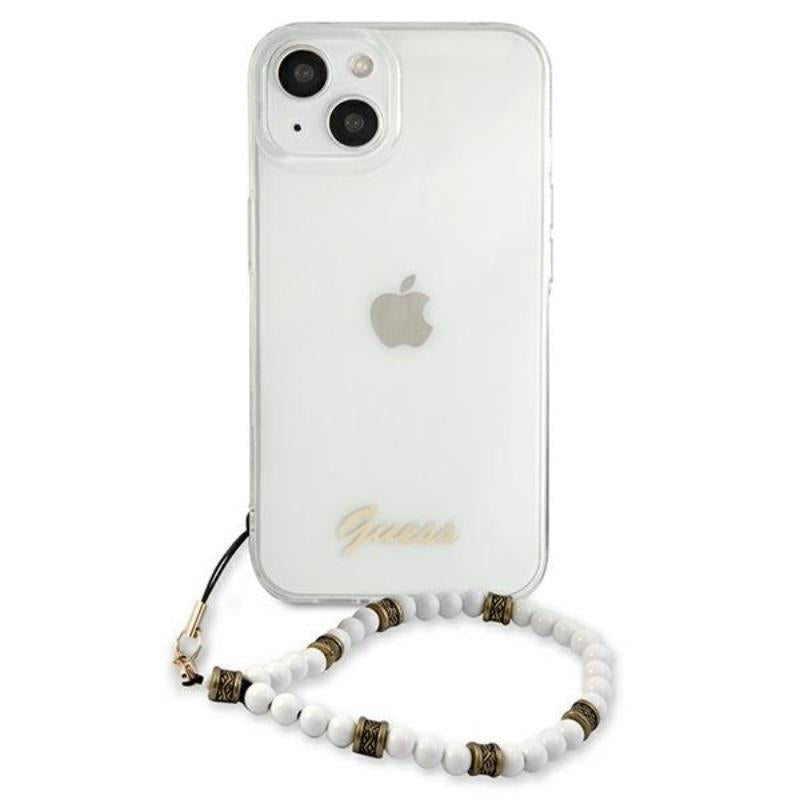 Guess White Pearl Strap - Dėklas iPhone 15 / 14 / 13 (Skaidrus)