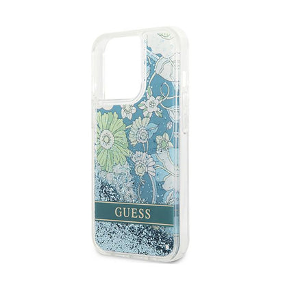 Guess Liquid Glitter Flower – „iPhone 13 Pro“ dėklas (mėlyna/žalia)