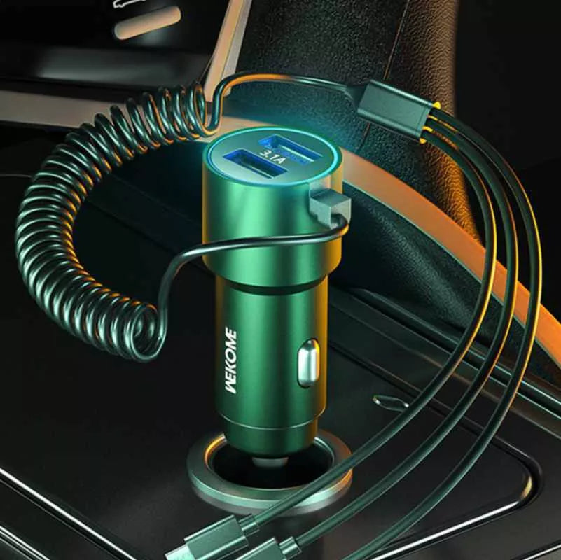 WEKOME WP-C44 Pop Digital Series - automobilinis įkroviklis su integruotu 3-in-1 USB-C / Lightning / Micro USB kabeliu ir 2x USB-A jungtimis, 33W (Juodas)