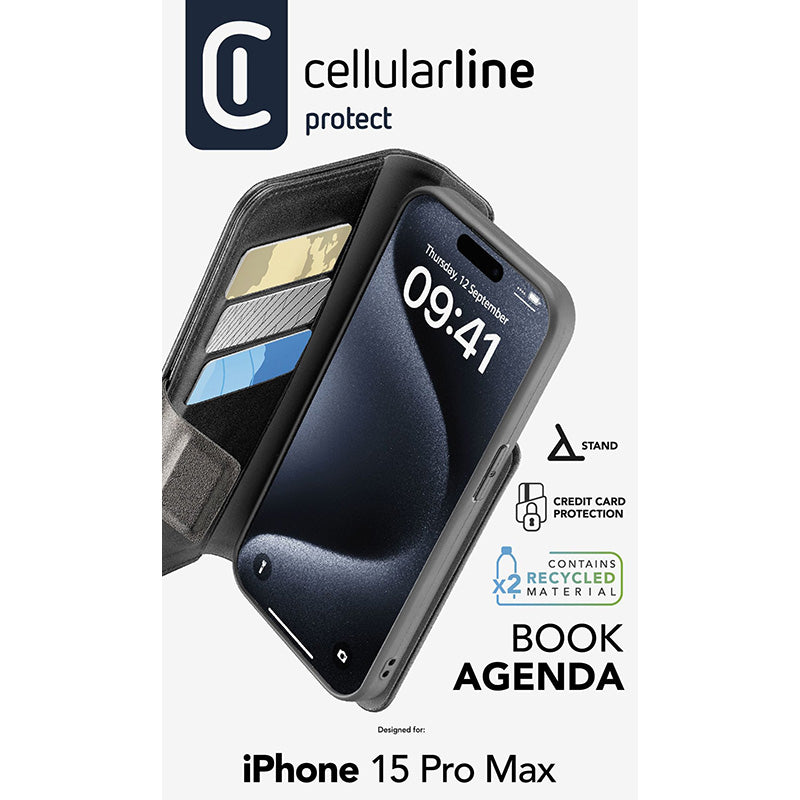 Cellularline Book Agenda – dėklas, skirtas „iPhone 15 Pro Max“ su „MICROBAN“ danga (juodas)