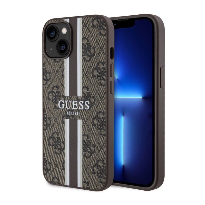 Guess 4G Printed Stripes MagSafe – dėklas iPhone 14 (rudas)