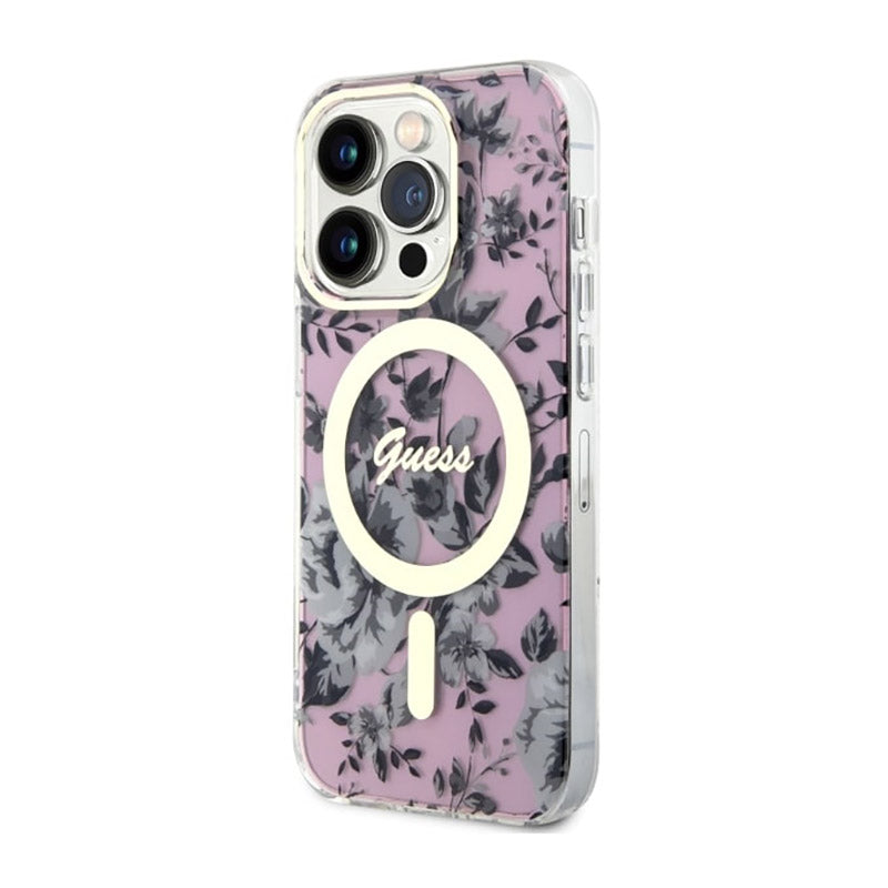 Guess Flower MagSafe – dėklas iPhone 14 Pro (rožinis)