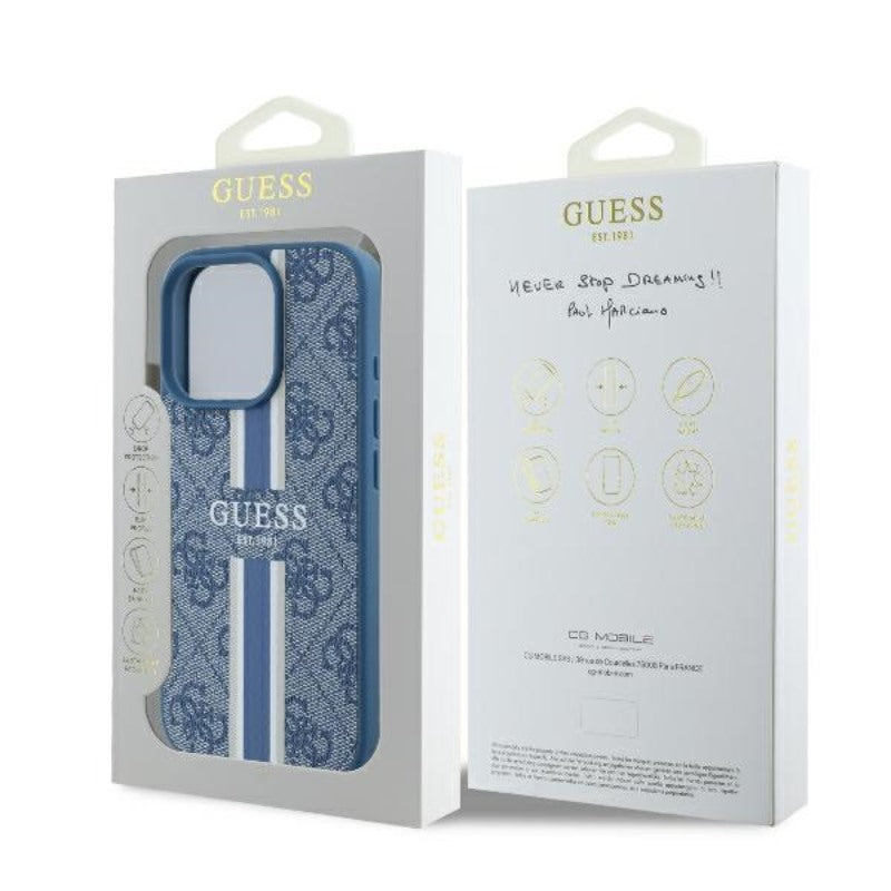 Guess 4G Printed Stripes MagSafe – dėklas iPhone 16 Pro (mėlynas)
