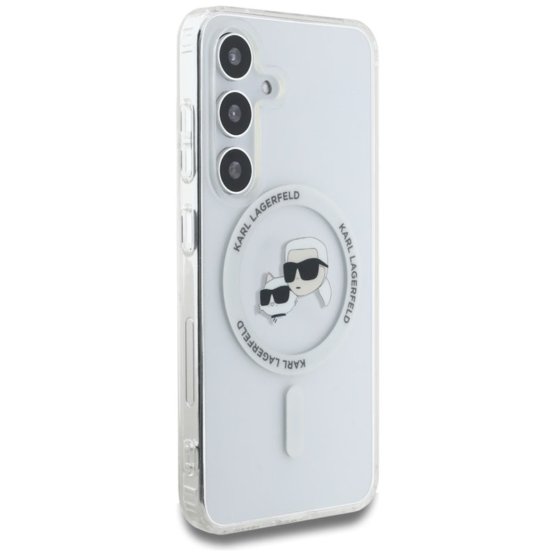 Karl Lagerfeld Button Karl & Choupette galvučių atspausdintas logotipas MagSafe – dėklas, skirtas „Samsung Galaxy S25“ (baltas)
