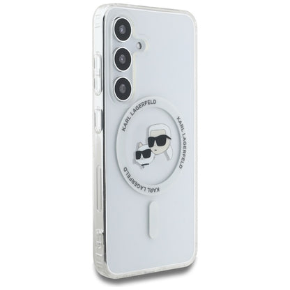 Karl Lagerfeld Button Karl & Choupette galvučių atspausdintas logotipas MagSafe – dėklas, skirtas „Samsung Galaxy S25“ (baltas)
