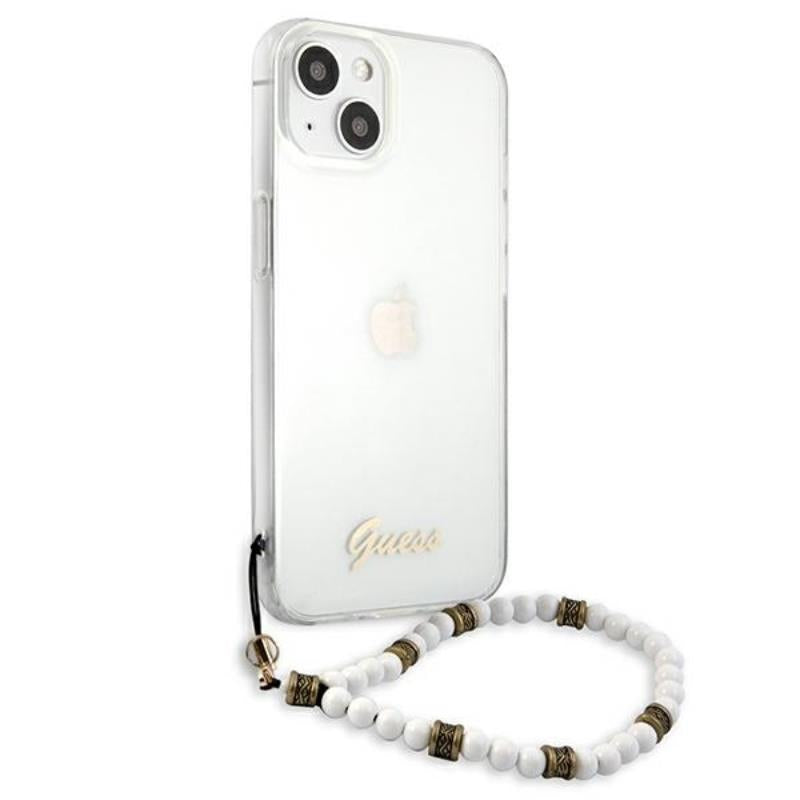 Guess White Pearl Strap - Dėklas iPhone 15 / 14 / 13 (Skaidrus)