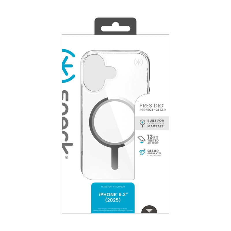 Speck Presidio Perfect Clear MagSafe - iPhone 17 dėklas (Skaidrus / Sidabrinis)