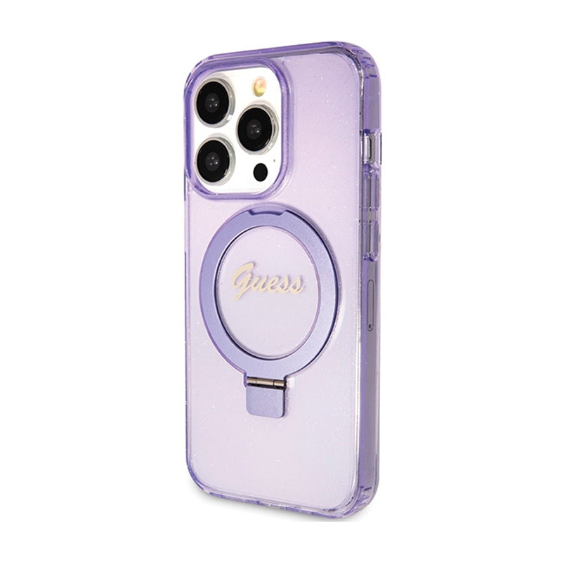 Guess žiedo stovas „Script Glitter MagSafe“ – „iPhone 15 Pro“ dėklas (violetinis)