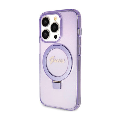 Guess žiedo stovas „Script Glitter MagSafe“ – „iPhone 15 Pro“ dėklas (violetinis)