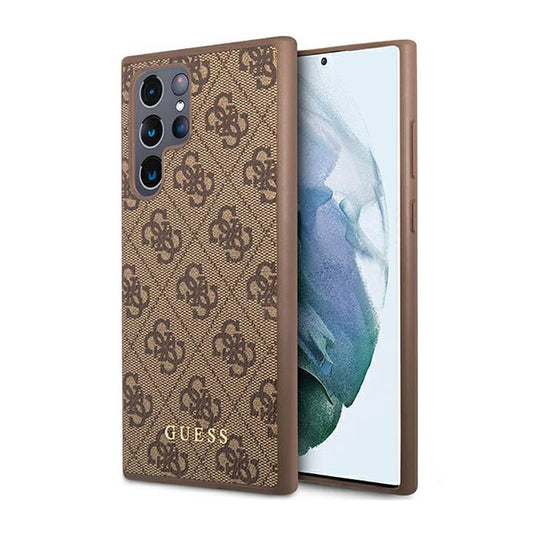 Guess 4G Metal Logo – dėklas, skirtas „Samsung Galaxy S23 Ultra“ (rudas)