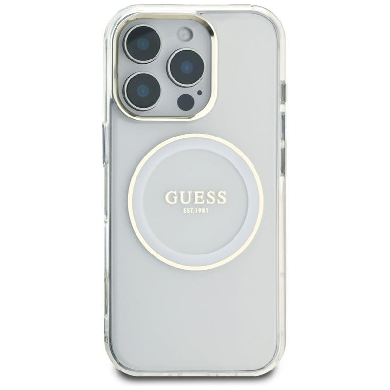 Guess IML Metal Colored Circle Classic Logo MagSafe – dėklas, skirtas iPhone 16 Pro (baltas)