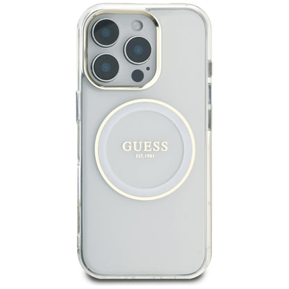 Guess IML Metal Colored Circle Classic Logo MagSafe – dėklas, skirtas iPhone 16 Pro (baltas)