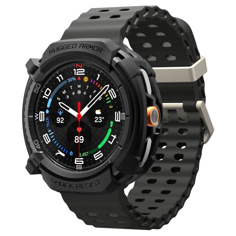 Spigen Rugged Armor – Dėklas, skirtas Samsung Galaxy Watch 8 Classic 46 mm (Matinis juodas)
