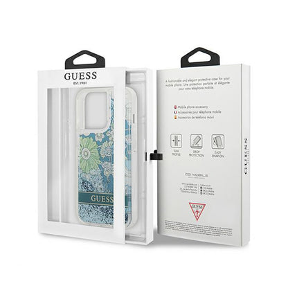 Guess Liquid Glitter Flower – „iPhone 13 Pro“ dėklas (mėlyna/žalia)
