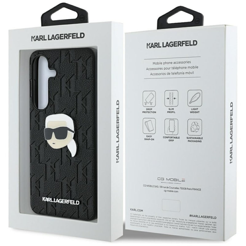 Karl Lagerfeld Leather Monogram Pin Logo Karl Head - dėklas Samsung Galaxy S25 (juodas)