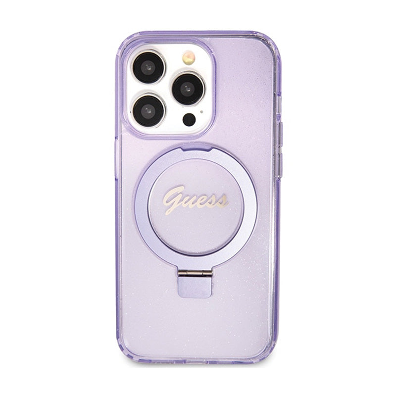 Guess žiedo stovas „Script Glitter MagSafe“ – „iPhone 15 Pro“ dėklas (violetinis)