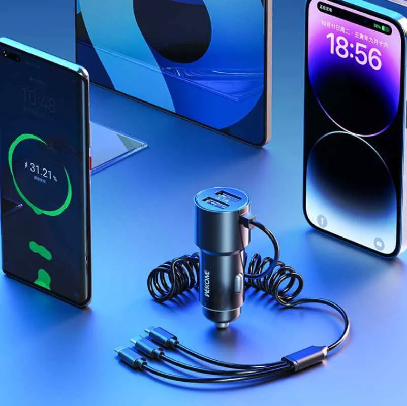 WEKOME WP-C44 Pop Digital Series - automobilinis įkroviklis su integruotu 3-in-1 USB-C / Lightning / Micro USB kabeliu ir 2x USB-A jungtimis, 33W (Juodas)