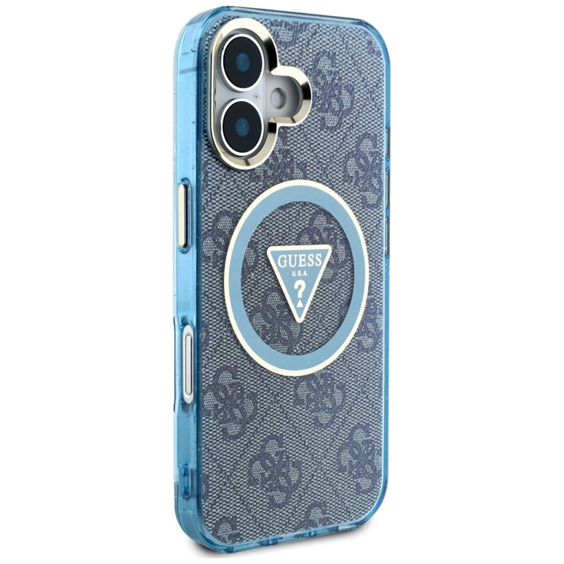 Guess IML Metal Glitter 4G Circle Triangle MagSafe – iPhone 16 dėklas (mėlynas)