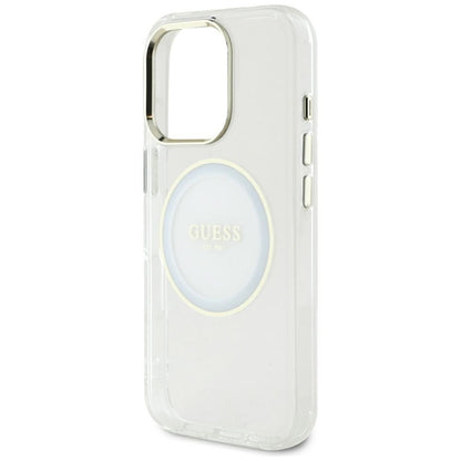 Guess IML Metal Colored Circle Classic Logo MagSafe - dėklas, skirtas iPhone 16 Pro Max (baltas)