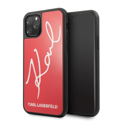 Karl Lagerfeld dvigubo sluoksnio grūdinto stiklo „Signature Glitter“ dėklas, skirtas „iPhone 11 Pro“ (raudonas)