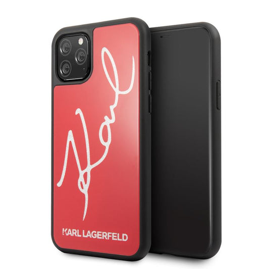 Karl Lagerfeld dvigubo sluoksnio grūdinto stiklo „Signature Glitter“ dėklas, skirtas „iPhone 11 Pro“ (raudonas)