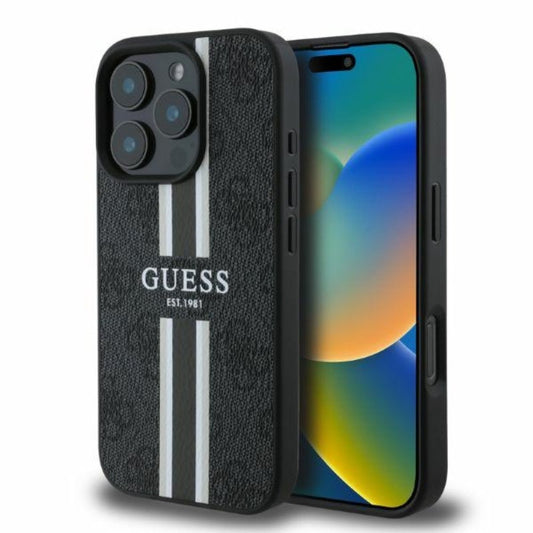Guess 4G Printed Stripes MagSafe – dėklas, skirtas iPhone 16 Pro (juodas)