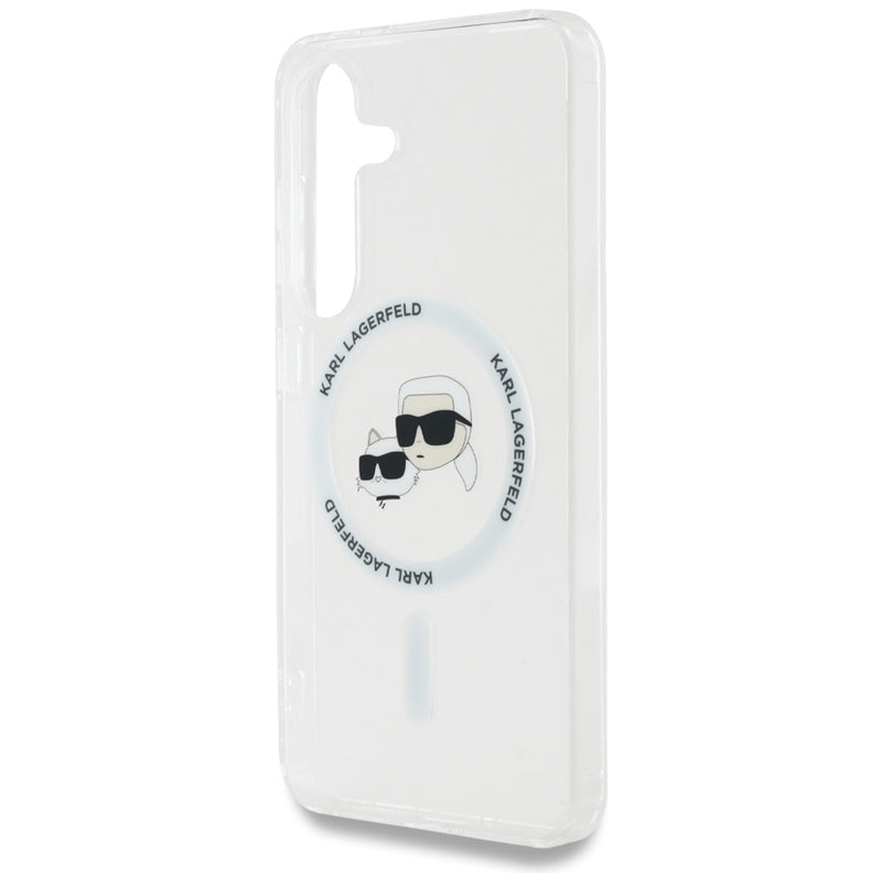 Karl Lagerfeld Button Karl & Choupette galvučių atspausdintas logotipas MagSafe – dėklas, skirtas „Samsung Galaxy S25“ (baltas)