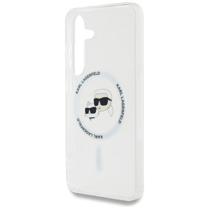 Karl Lagerfeld Button Karl & Choupette galvučių atspausdintas logotipas MagSafe – dėklas, skirtas „Samsung Galaxy S25“ (baltas)