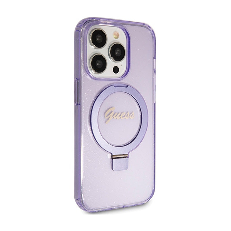 Guess žiedo stovas „Script Glitter MagSafe“ – „iPhone 15 Pro“ dėklas (violetinis)