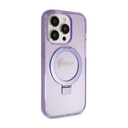 Guess žiedo stovas „Script Glitter MagSafe“ – „iPhone 15 Pro“ dėklas (violetinis)