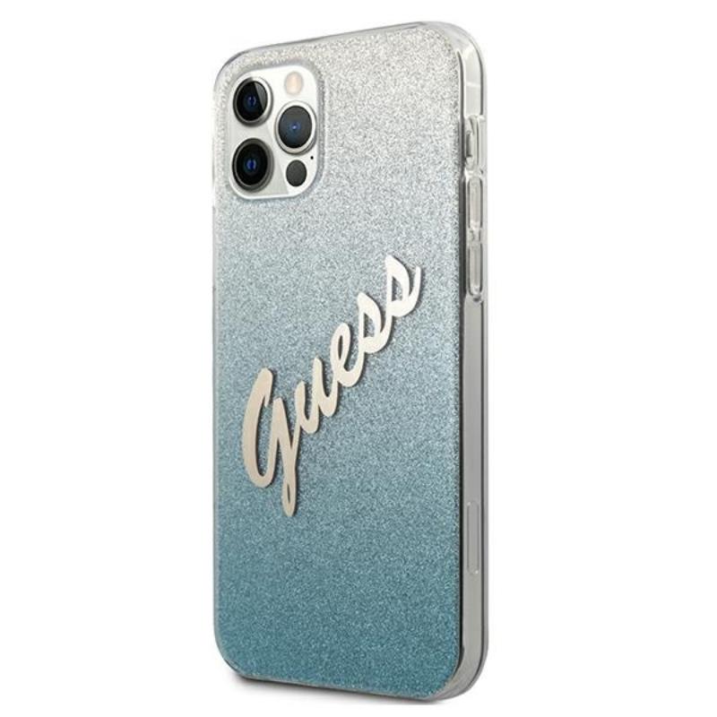 Guess Glitter Gradient Script - dėklas, skirtas iPhone 12 Pro Max (mėlynas)