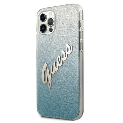 Guess Glitter Gradient Script - dėklas, skirtas iPhone 12 Pro Max (mėlynas)