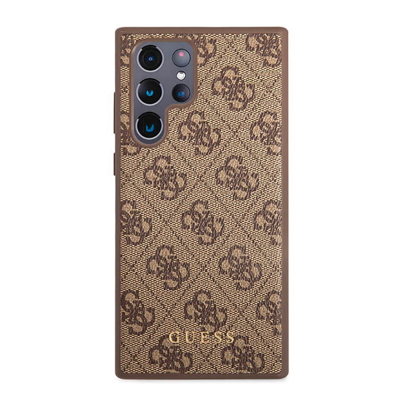 Guess 4G Metal Logo – dėklas, skirtas „Samsung Galaxy S23 Ultra“ (rudas)