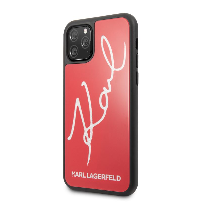 Karl Lagerfeld dvigubo sluoksnio grūdinto stiklo „Signature Glitter“ dėklas, skirtas „iPhone 11 Pro“ (raudonas)