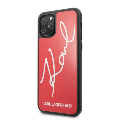 Karl Lagerfeld dvigubo sluoksnio grūdinto stiklo „Signature Glitter“ dėklas, skirtas „iPhone 11 Pro“ (raudonas)