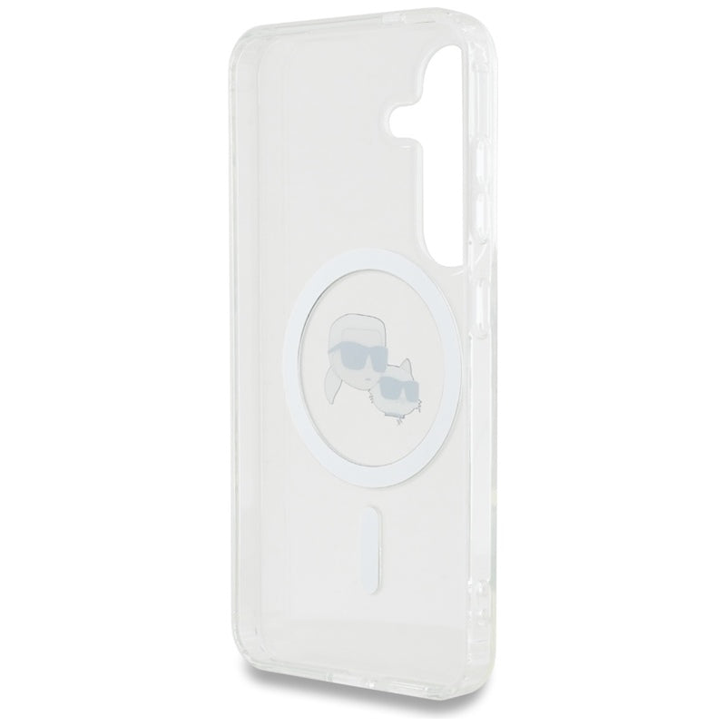 Karl Lagerfeld Button Karl & Choupette galvučių atspausdintas logotipas MagSafe – dėklas, skirtas „Samsung Galaxy S25“ (baltas)