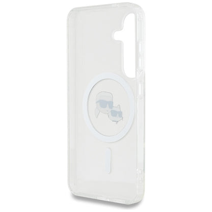 Karl Lagerfeld Button Karl & Choupette galvučių atspausdintas logotipas MagSafe – dėklas, skirtas „Samsung Galaxy S25“ (baltas)